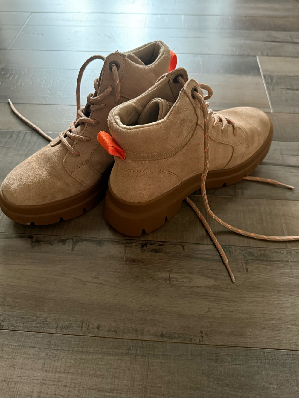 Koolaburra Suede Lace-Up Ankle Boots Tan with Orange Pull Tab
